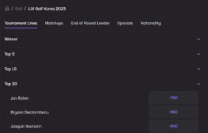 A screenshot of a Top 20 market for a LIV Golf tournament at Hard Rock Bet.